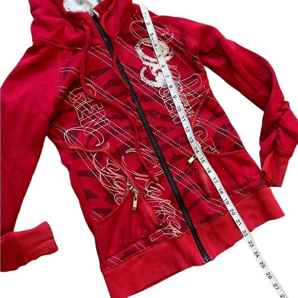 Red Embellished Graphic Print Zip Up Hooded Long Sleeve Casual Sweatshirt S - Picture 7 of 9
